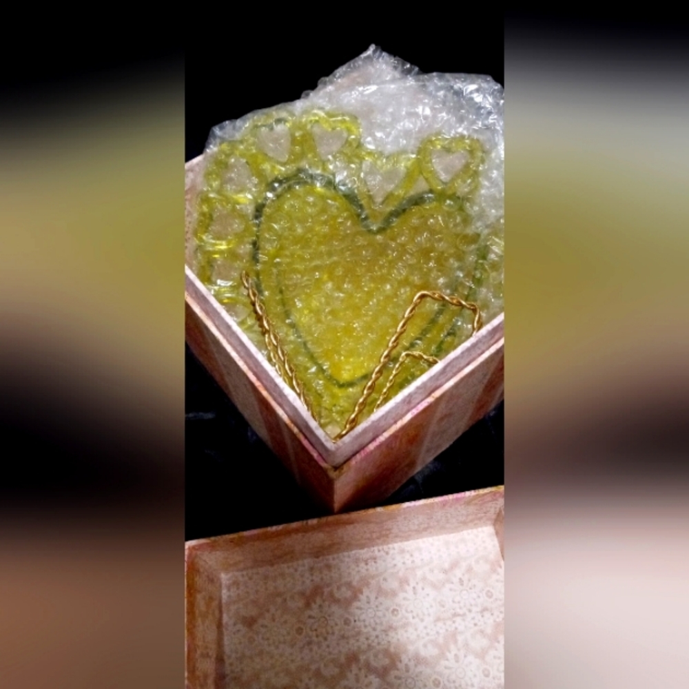 Antique heart shaped glass in a pink paisley box